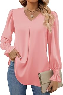 Funlingo Women 2024 Long Sleeve Tops Elegant Casual V Neck Tunic Shirts Loose Chiffon Work Blouse