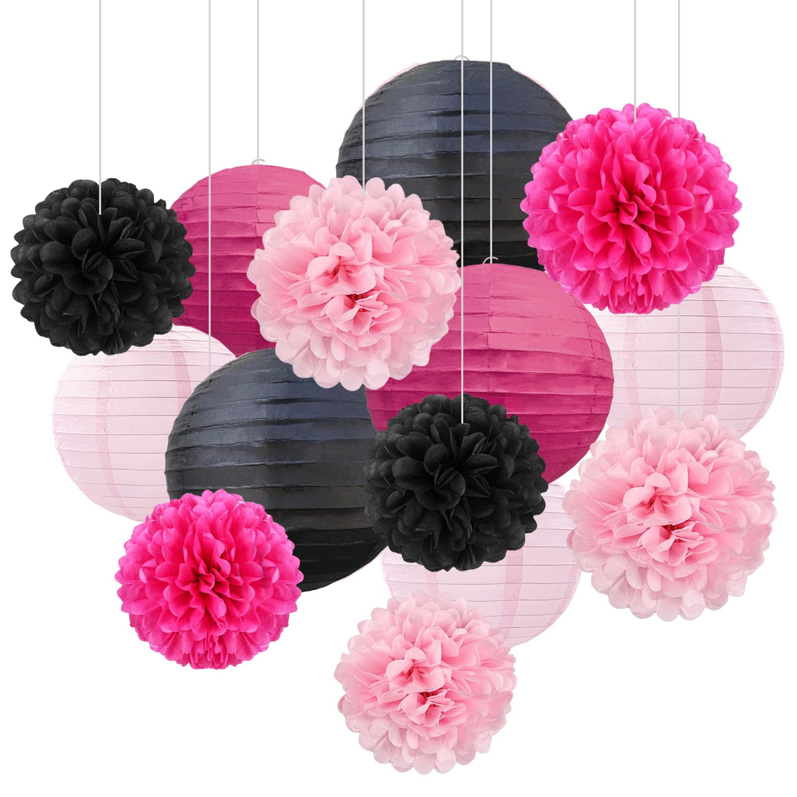 18 PCS Black Pink Paper Lanterns & Tissue Paper Pom Poms for Girls Birthday, Bab