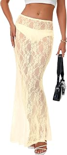 Rooscier Women's Lace A Line Sheer Maxi Skirt