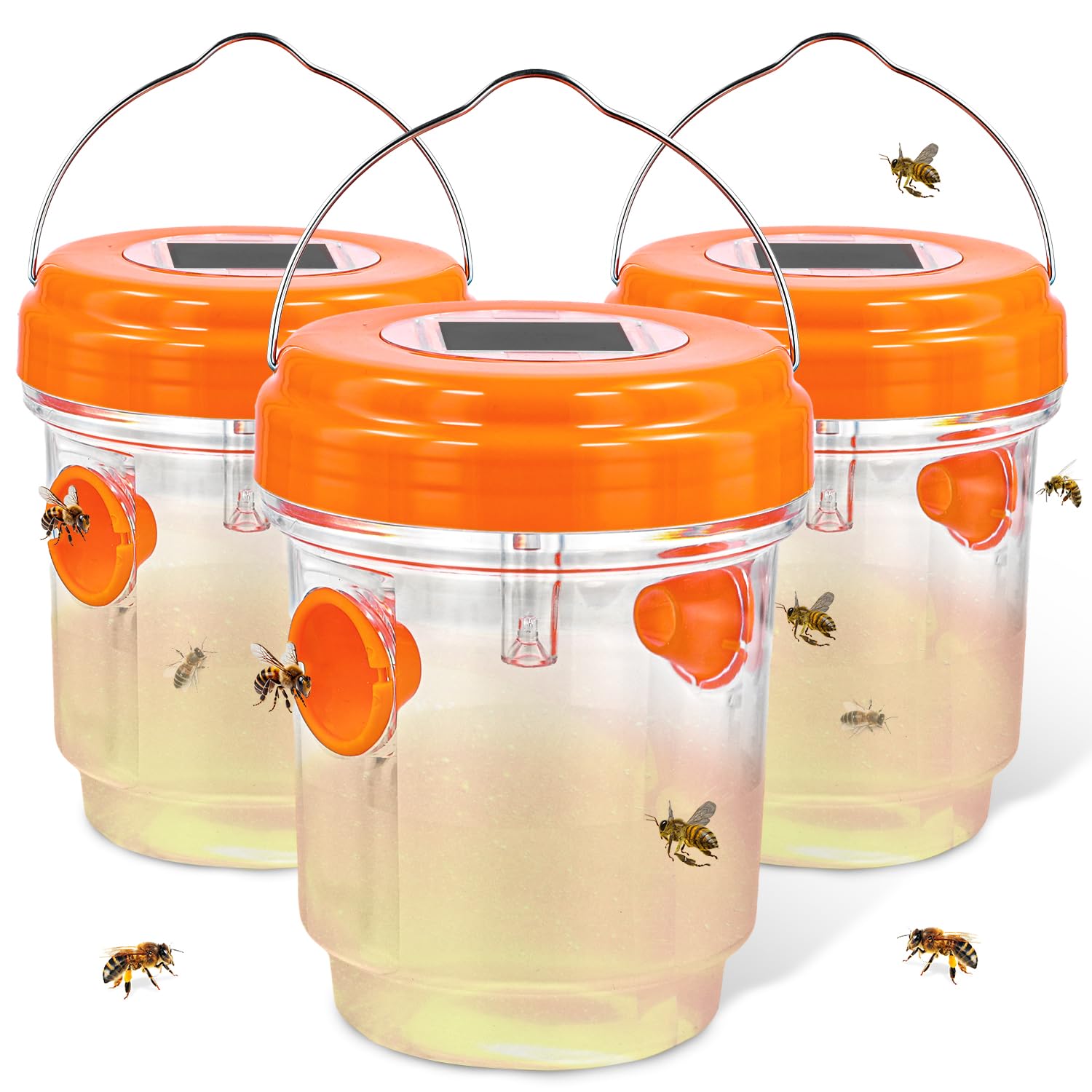 3 Pieces Carpenter Bee Cage, Wasp Outdoor Hanging with Solar LED Light | Yellow 