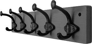 WEBI Wall Mounted Coat Rack, 5 Hooks in Cast Iron, Wall Hook, Solid Wood Coat Rack Bathroom for Coats Jacket, Grey
