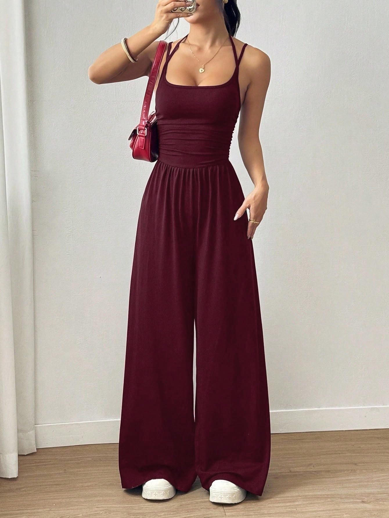 Womens Spaghetti Strap Sleeveless Jumpsuit Wide Leg Elastic Waist Casual One Pie
