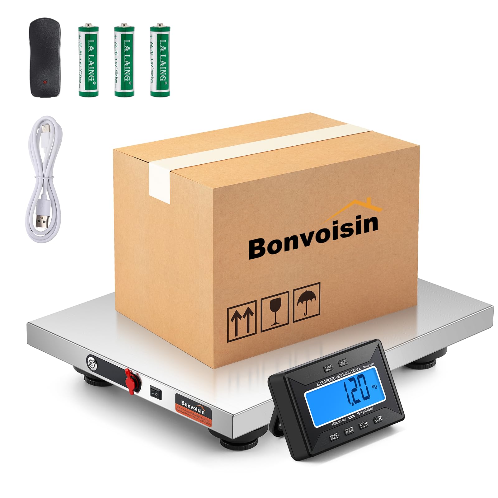 Bonvoisin Cordlesss Postal Scale 450kg/990lb with Seperate LCD Display, Stainles
