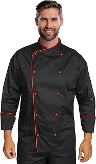 BWOLF NOBU Kochjacke Unisex Kochbekleidung Professionelle Hotel Uniform mit Langen Ärmeln und kontrastierenden roten Knöpfen, Kochjacke für Herren & Damen – Weiß/Schwarz