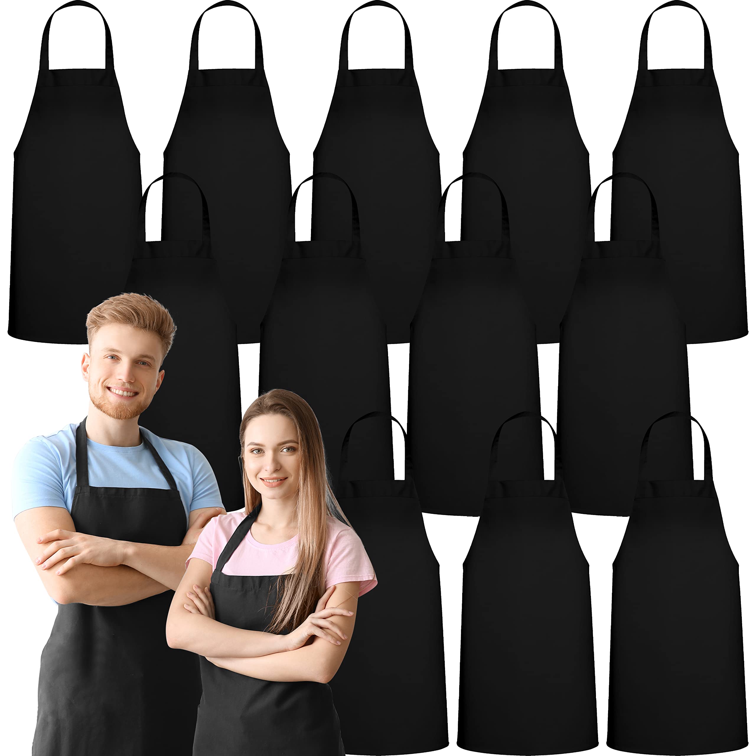 GREEN LIFESTYLE 12 Pack Bib Apron - Unisex Black Aprons, Machine Washable Aprons