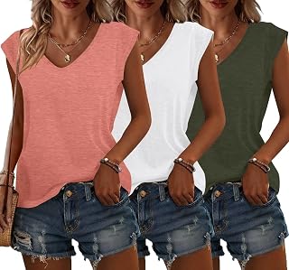 Bliwov Paquete de 3 camisetas sin mangas de manga casquillo para mujer, cuello en U, camisetas de verano casuales holgadas, camisetas básicas de moda 2024, Blanco, rosa y verde., XL
