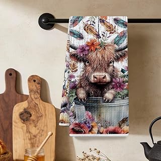Adorable Highland Cow Rustic Kitchen Towel 24" x 14", Vintage Wild Flower Wooden Background Waffle Hand Towel for Kitchen, Home, Farmhouse, Absorbent Microfiber Dish Cloth, Tea Towel