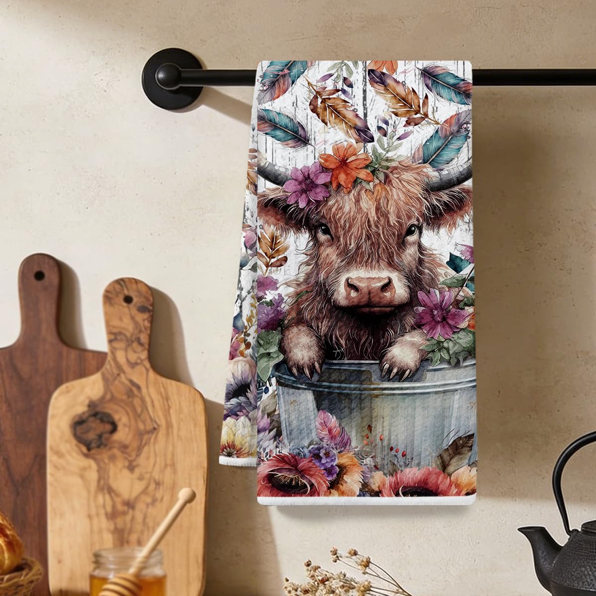 Adorable Highland Cow Rustic Kitchen Towel 24" x 14", Vintage Wild Flower Wooden