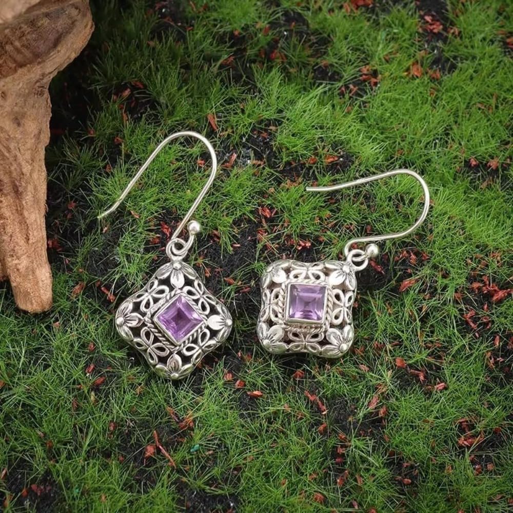 Hollow Floral Purple Stone Copper Earrings for Women Party Vacation.