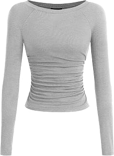 PRETTYGARDEN Long Sleeve Shirts for Women 2025 Fall Ruched Sides Boat Neck Basic Tee Casual Fitted Ribbed Knit Crop Tops