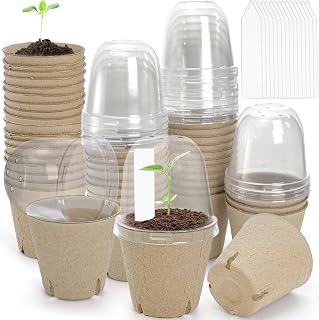 Cedilis 50 Set Peat Pots with Humidity Dome and Drainage Holes, 3 Inch Paper Seed Starter Pots, Biodegradable Plant Nursery Pots, Disposable Seedlings Planting Pots with 50 Labels