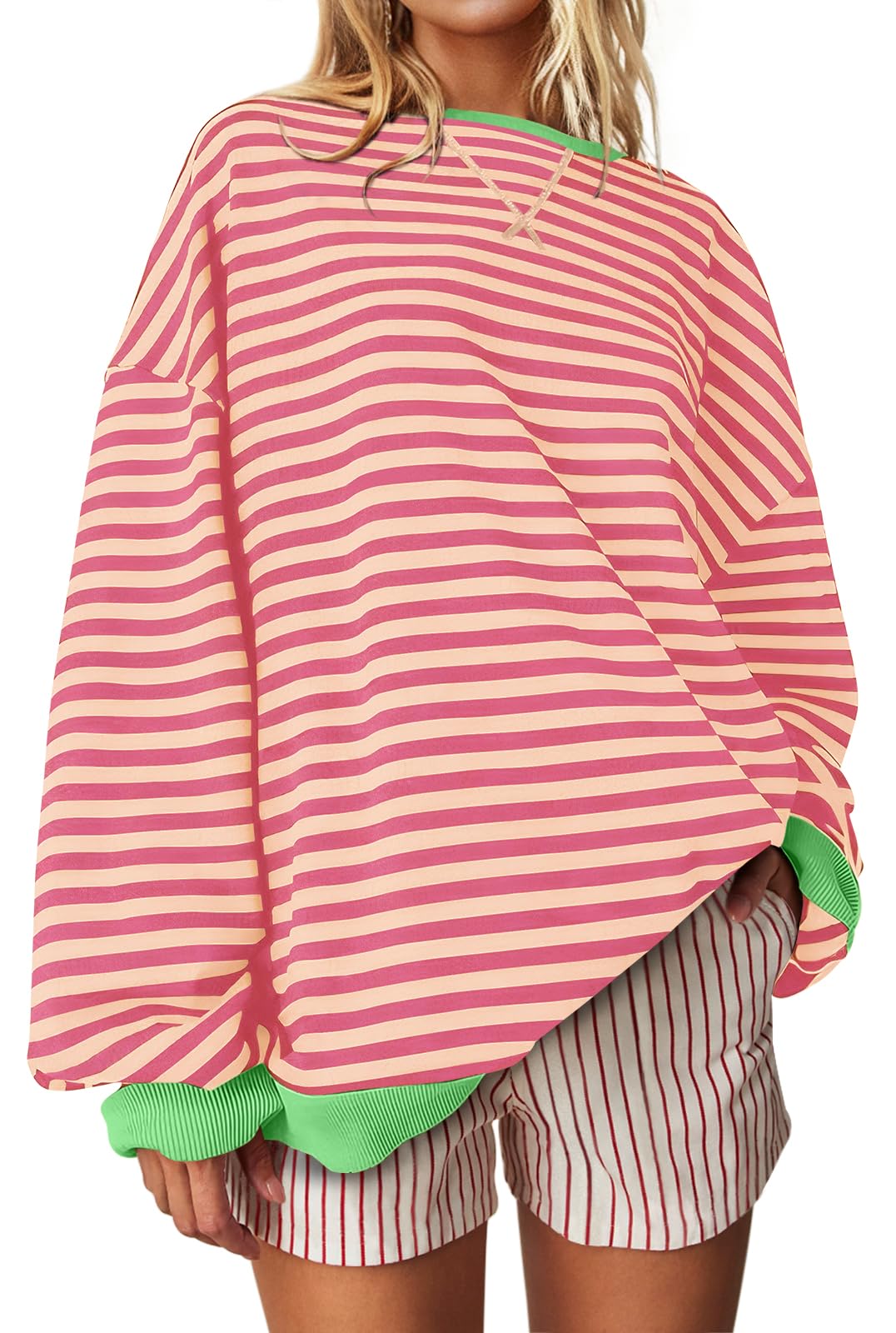 UEU Women Plus Size Striped Crew Neck Long Sleeve Color Block Casual Sweatshirts