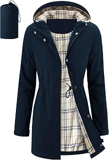 Women's Long Rain Jacket Waterproof Packable Hooded Raincoat | Windproof, Lightweight, Drawstring Waist, Plaid Lining, Zipper Pockets, Outdoor Activities, Travel, Daily Wear