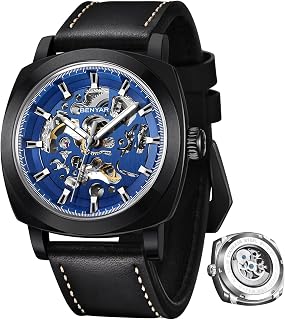 BENYAR - Montre mécanique Automatique pour Homme - Bracelet en Cuir - Mouvement doré - Cadran Squelette de 45 mm - Résistant à l'eau et aux Rayures - Cadeau élégant pour Homme