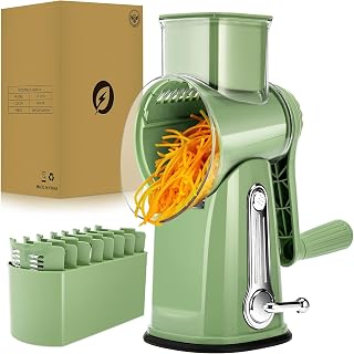 SUSTEAS Rotary Cheese Grater, Large Vegetable Food Shredder, 5 Blades | Easy to Clean,12x Faster Shredding,Strong Suction Base,Blades Storage Box,Round Mandoline Slicer&Chopper for Salad,Nut,Green