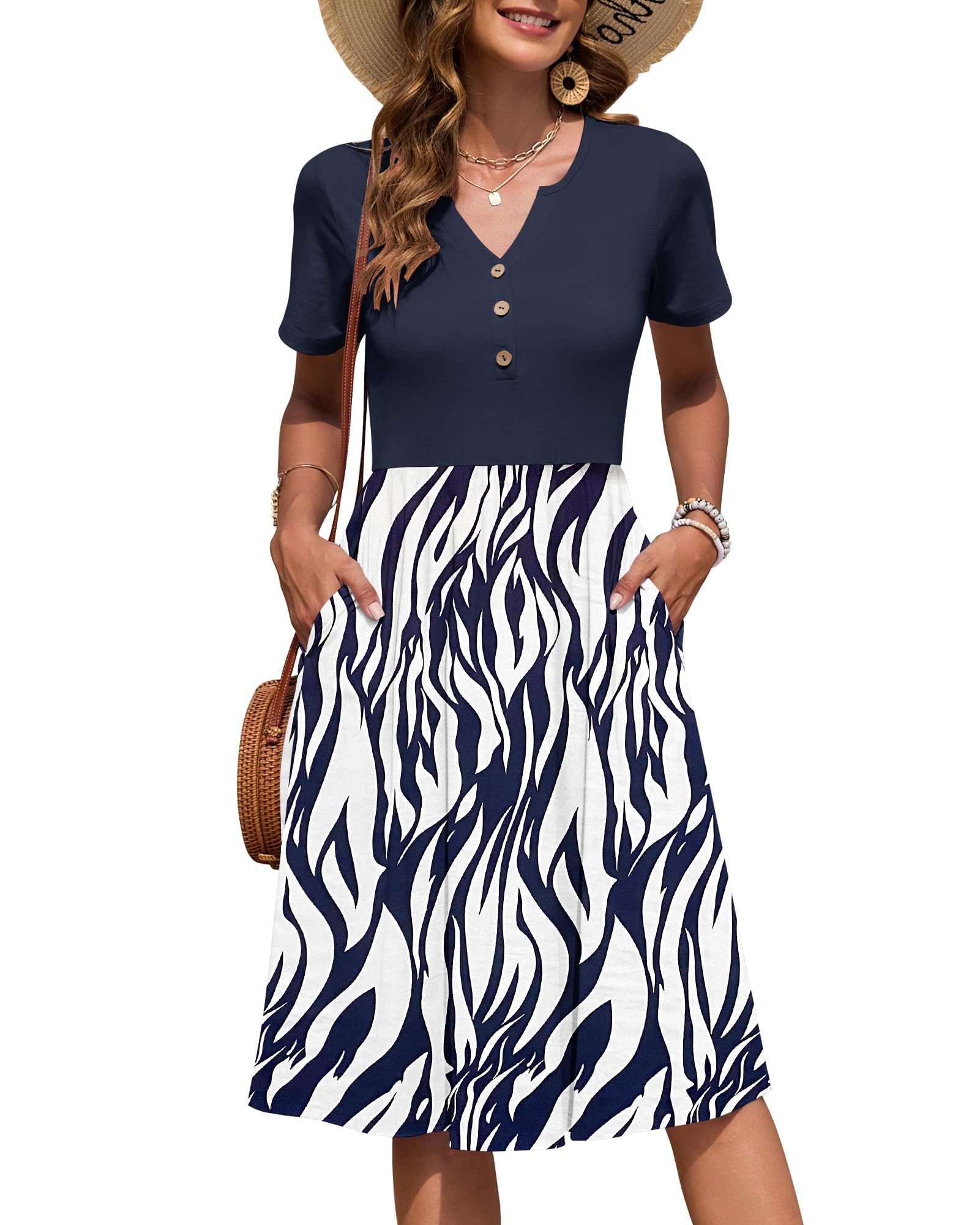 AUSELILY Women's Short Sleeve Summer Dress Knee Length Pockets