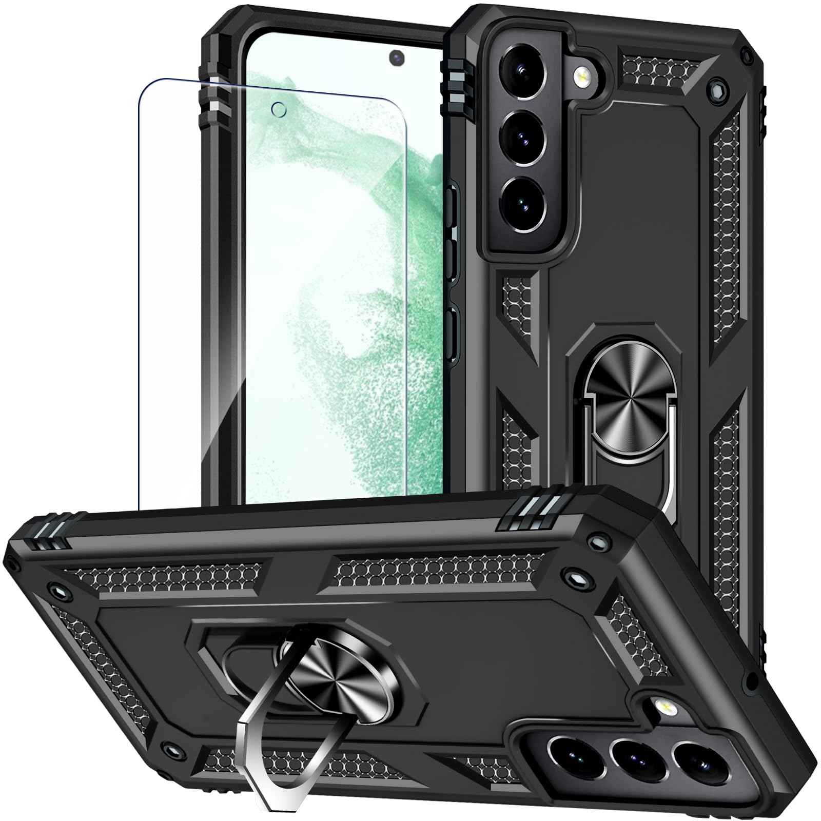 HNHYGETE for Galaxy S22 Case with Screen Protector: 360°Grade Rotatable Kickstan