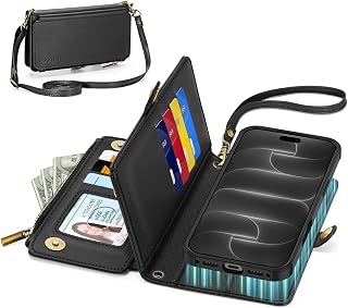 TUCCH Crossbody Wallet Case for iPhone 18 Pro Max & 17 Pro Max 6.9", Black | 10 Card Holders, RFID Blocking, Detachable, Wireless Charging, Kickstand, Wrist Strap, Zipper Pocket, Folio Flip Cover