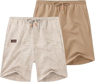 Coofandy Men Casual Linen Shorts Elastic Waist Drawstring Loose Fit Summer Beach Holiday Shorts with Pockets