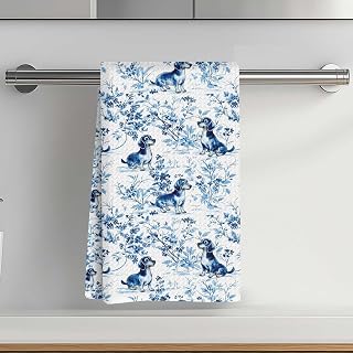 Cute Dachshund Kitchen Towel 14x24 Inches, Blue Floral Absorbent Microfiber Decorative Cloth Tea Towel, Waffle Hand Towel for Kitchen Home Bathroom, Dog Lovers Gifts