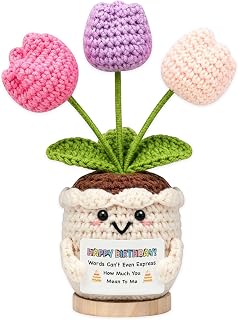 YWYDHX Positive Crochet Flower Pot Birthday Gifts with 3 Tulips | Birthday Gifts for Women Female Friends Coworker Sister Best Friend, Handmade Knitted Funny Birthday Gifts for Desk Décor