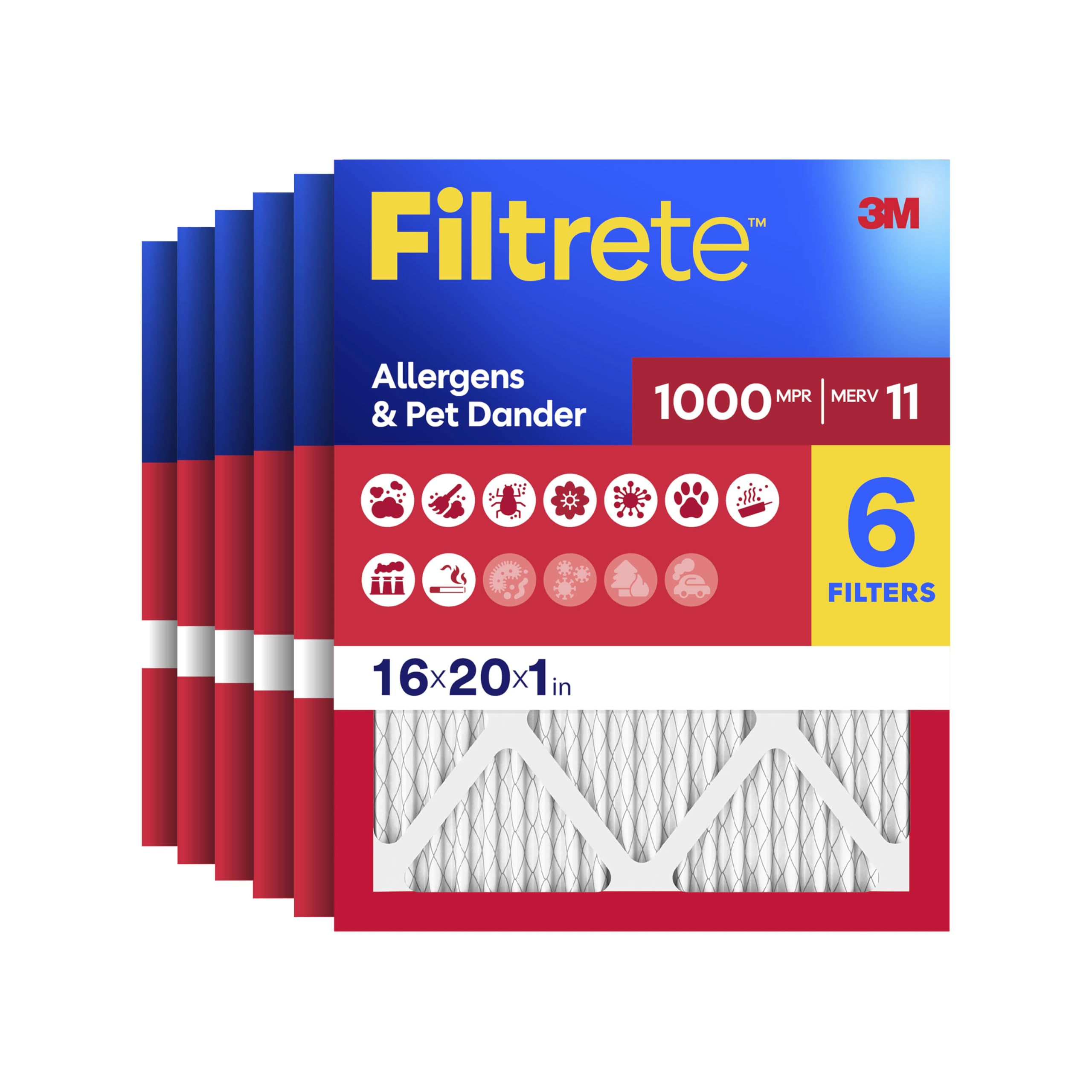 Filtrete 16x20x1 Air Filter, MERV 11, MPR 1000, 6 HVAC Filters | Allergens & Pet
