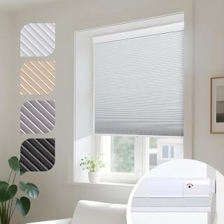 Persilux No Drill No Tools Blackout Cellular Shades for Windows, Cordless Honeycomb Blinds, UV Protection Energy Saving Pleated Blinds for Indoor Windows, White, 22" W x 64" H