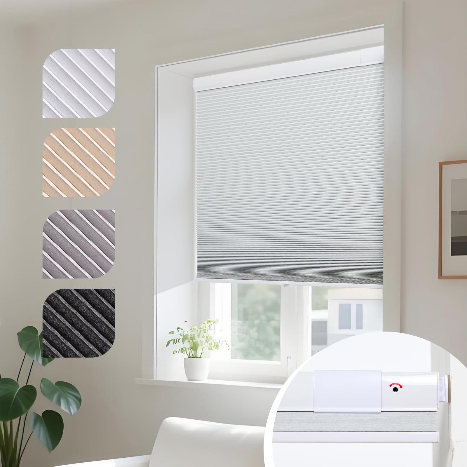 Persilux No Drill No Tools Blackout Cellular Shades for Windows, Cordless Honeyc