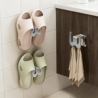 2 x Bathroom Wall Mounted Slipper Holder No Drill Shoe Rack Hook Organizer Drain included. Self-adhesive shoe hanger for doors and tiles