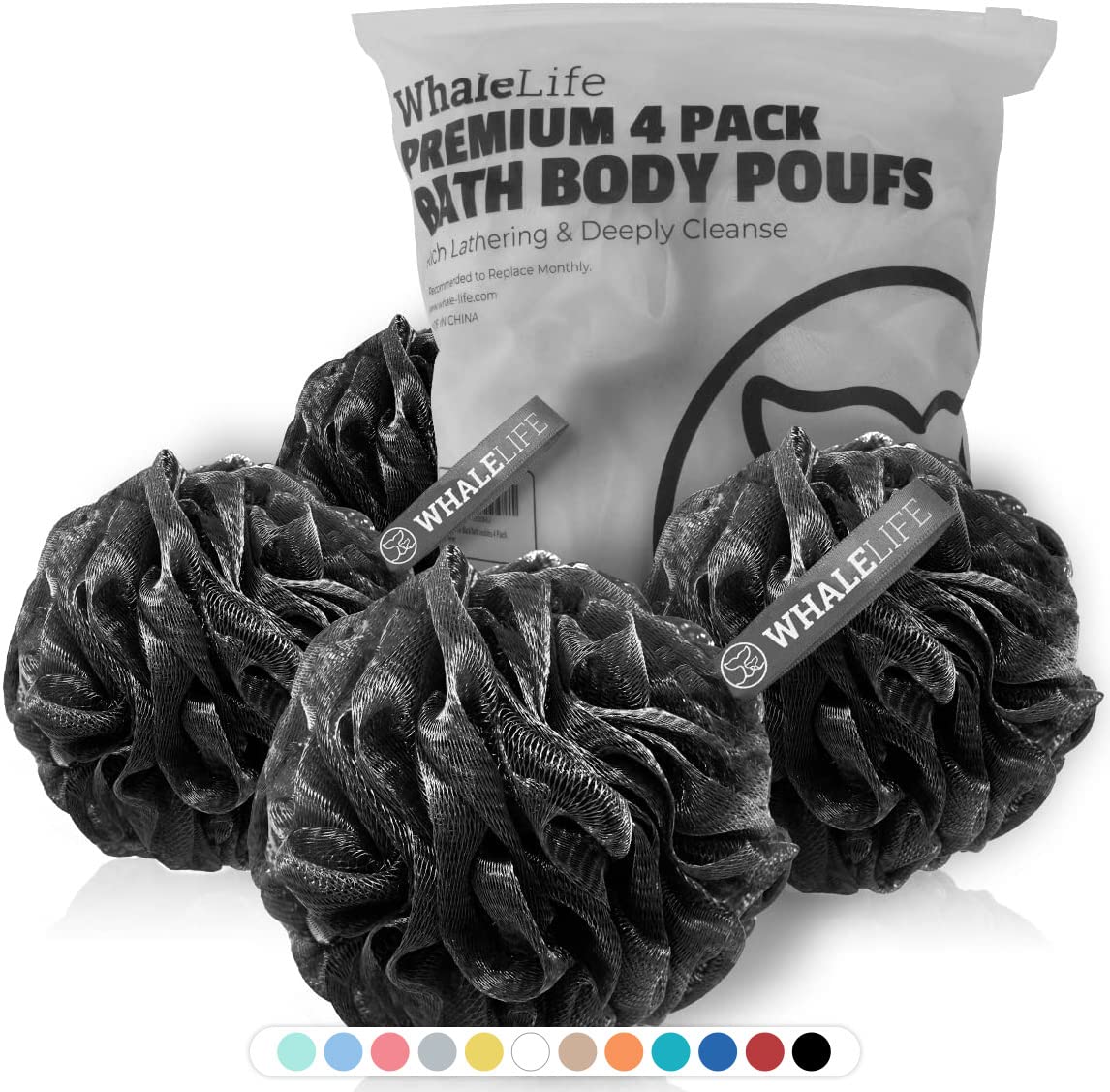 WhaleLife Bath Loofah Sponge for Shower - Body Scrubber 4-Pack Black | 10X Suds 