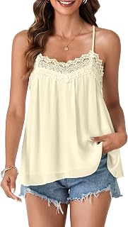 Vrtige Women's Summer Spaghetti Strap Sleeveless Lace Trim Loose Casual Flowy Cami Tank Top
