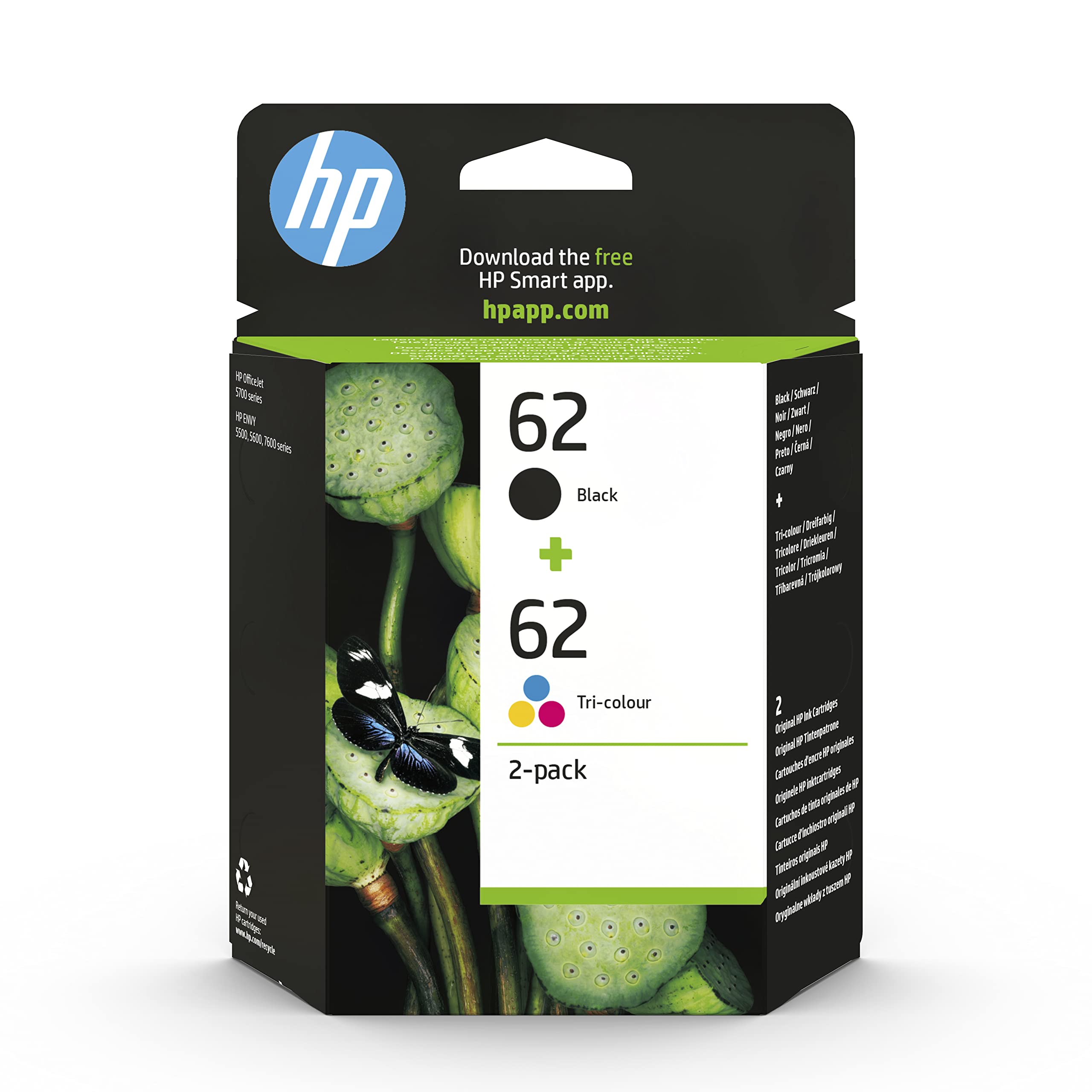 HP 62 Black & Tri-colour Original Ink Cartridges 2-Pack | Compatible with HP Off