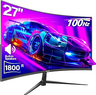 Gawfolk Curved Monitor 27 Inch 100Hz, PC Gaming Monitor with Speakers, AMD FreeSync Full HD 1080p 1800R Ultra-Thin Zero Frame Display ESA Compatible, Eye Care HDMI＆DP Prots for Home Office Business