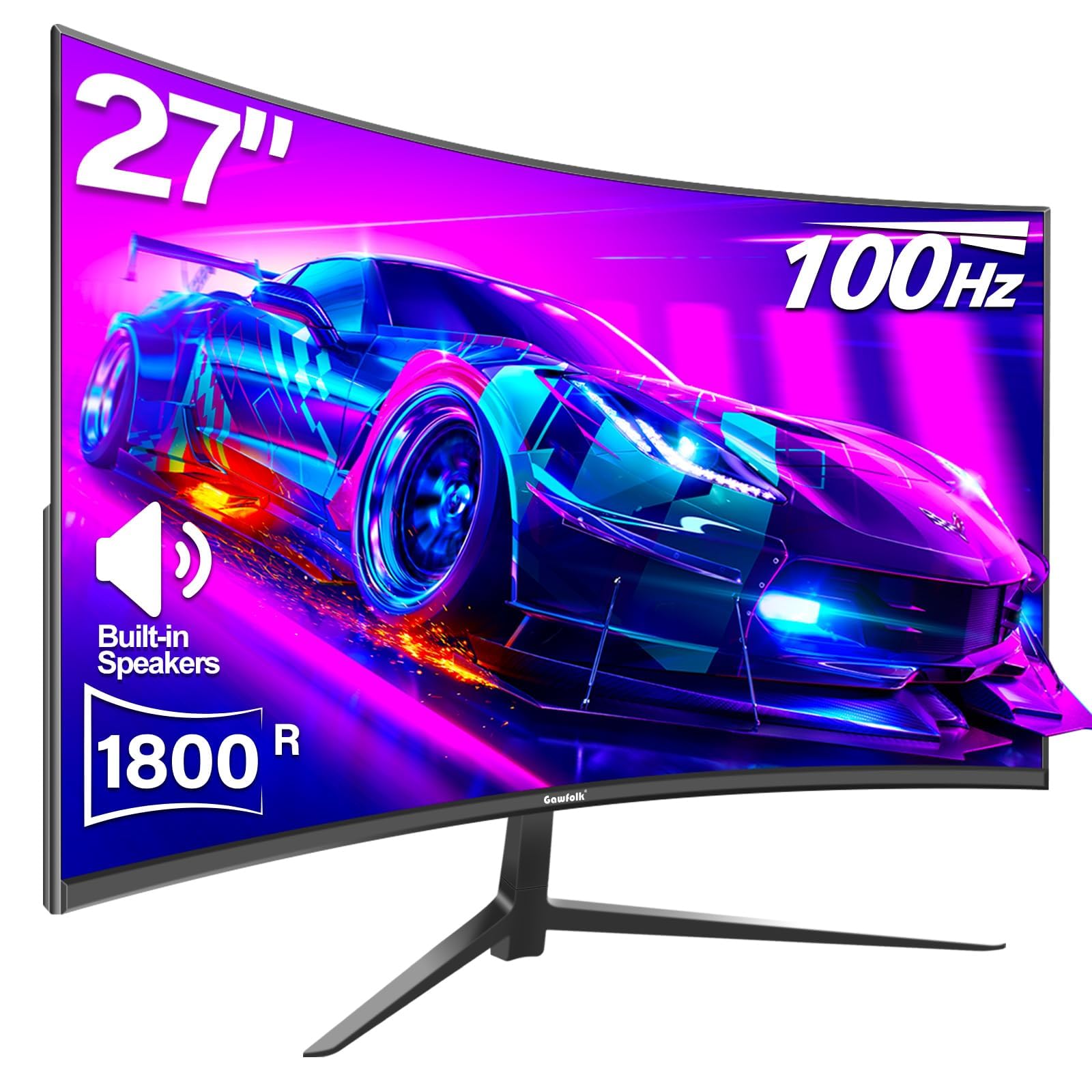 Gawfolk Curved Monitor 27 Inch 100Hz, PC Gaming Monitor with Speakers, AMD FreeS