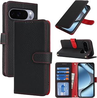 SailorTech Case for Google Pixel 10 Pro XL Genuine Leather with Wallet Card Slot, Flip Book Case with Kickstand Leather Protective Shockproof Phone Cover for Pixel 10 Pro XL Purse Case-Black & Red