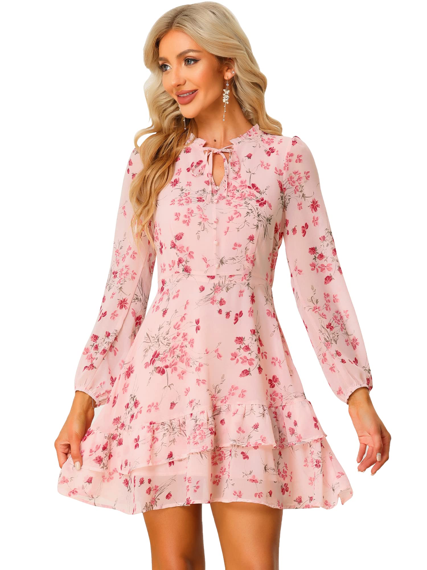 Allegra K Women Spring Dresses Layered Tiered Chiffon Mini Floral Dress
