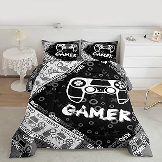 Feelyou Kids Gamer Comforter Set for Boys Teens, Black Gaming Bedding Sets King Size Video Game Controller Reversible Quilt Set All Season Home Decor with 2 Pillowcases