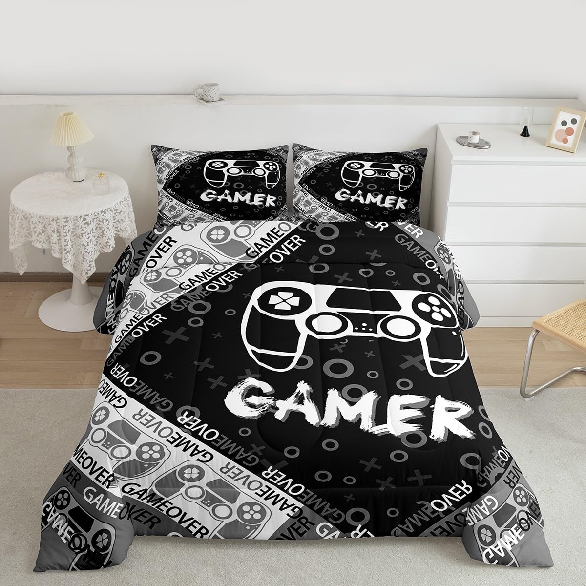Feelyou Kids Gamer Comforter Set for Boys Teens, Black Gaming Bedding Sets King 