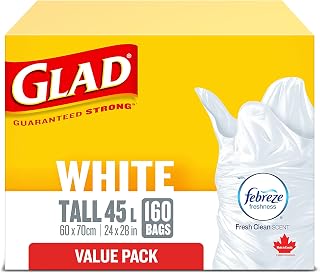 Glad White Garbage Bags - Tall 45 Litres - Febreze Fresh Clean Scent, 160 Trash Bags, Value Pack, Made in Canada of Global Components