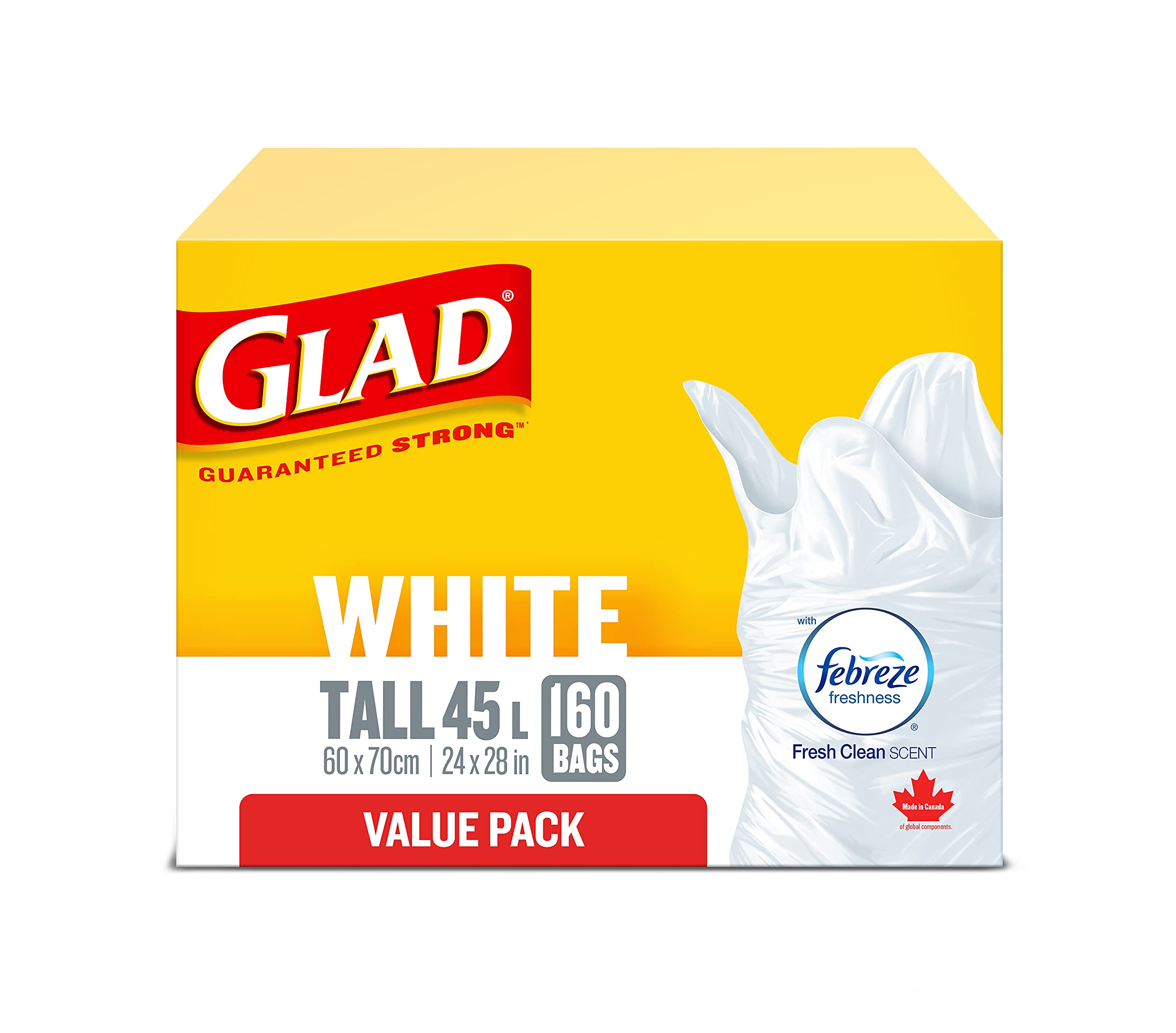 Glad White Garbage Bags - Tall 45 Litres - Febreze Fresh Clean Scent, 160 Trash 