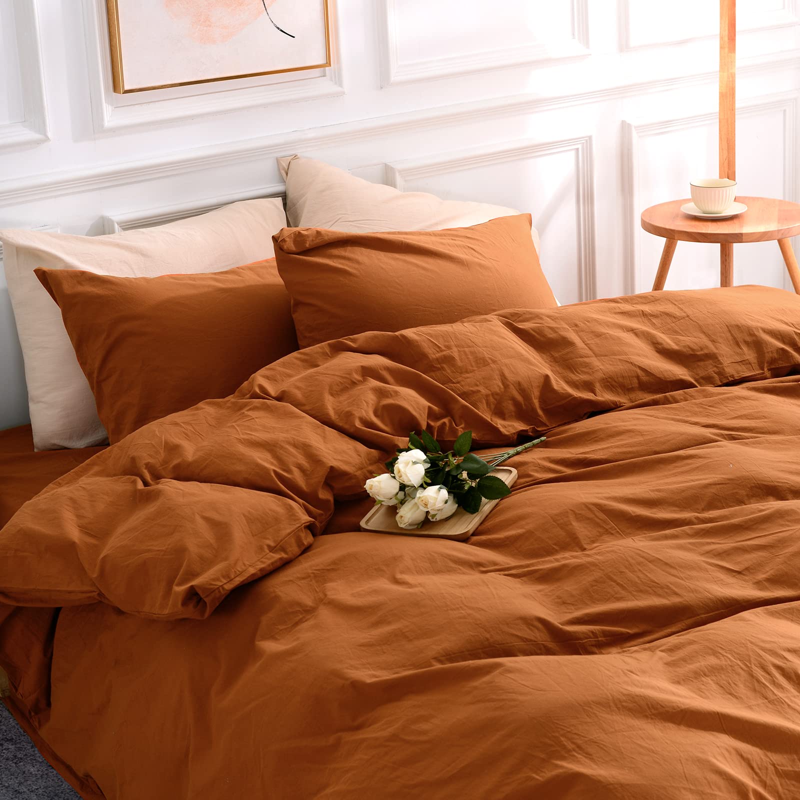 NEXHOME PRO Terracotta Burnt Orange Duvet Cover Set Queen Size Linen Textured Or