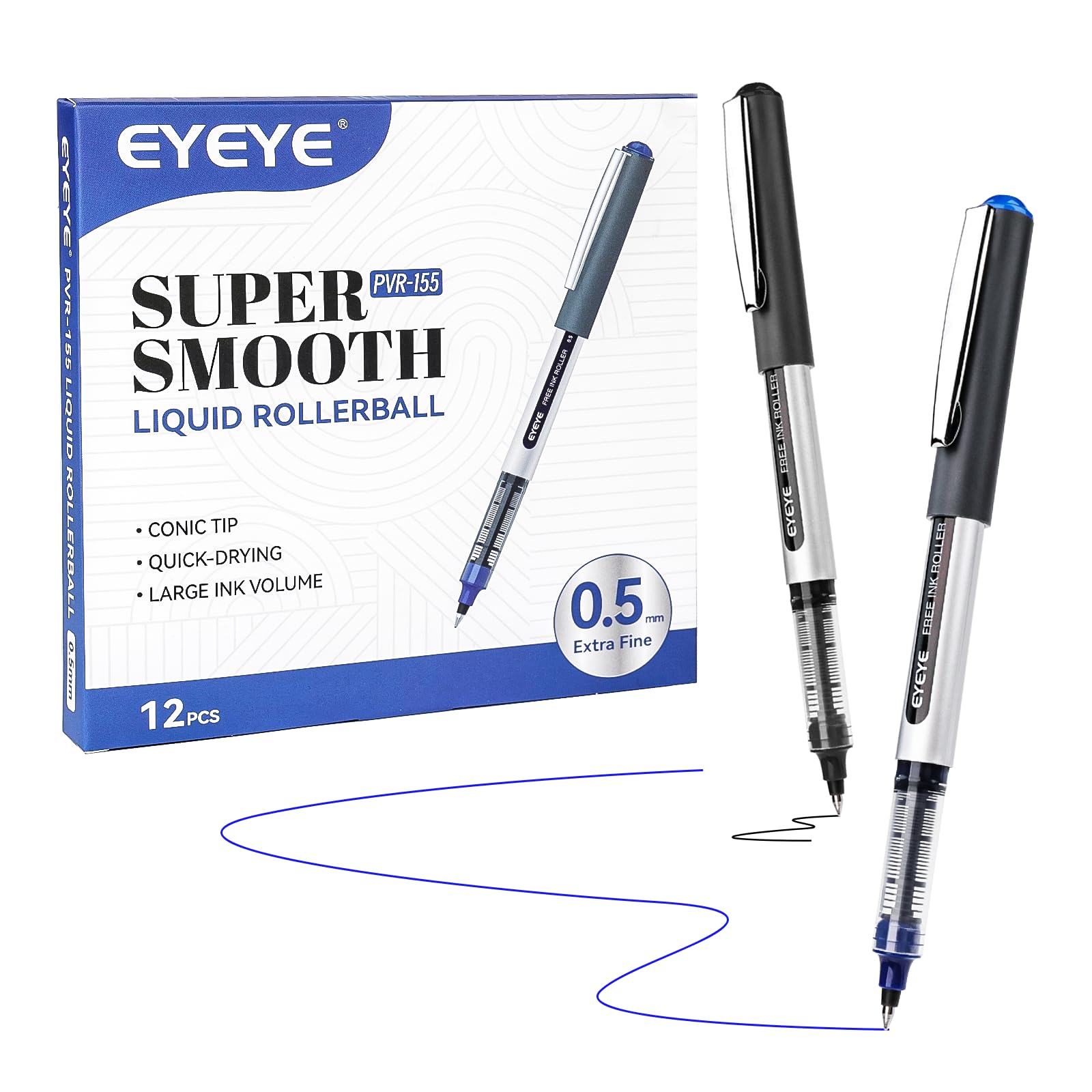 EYEYE Rollerball Pens 0.7mm, 6 Black 6 Blue Medium Point Roller Ball Pen Quick D