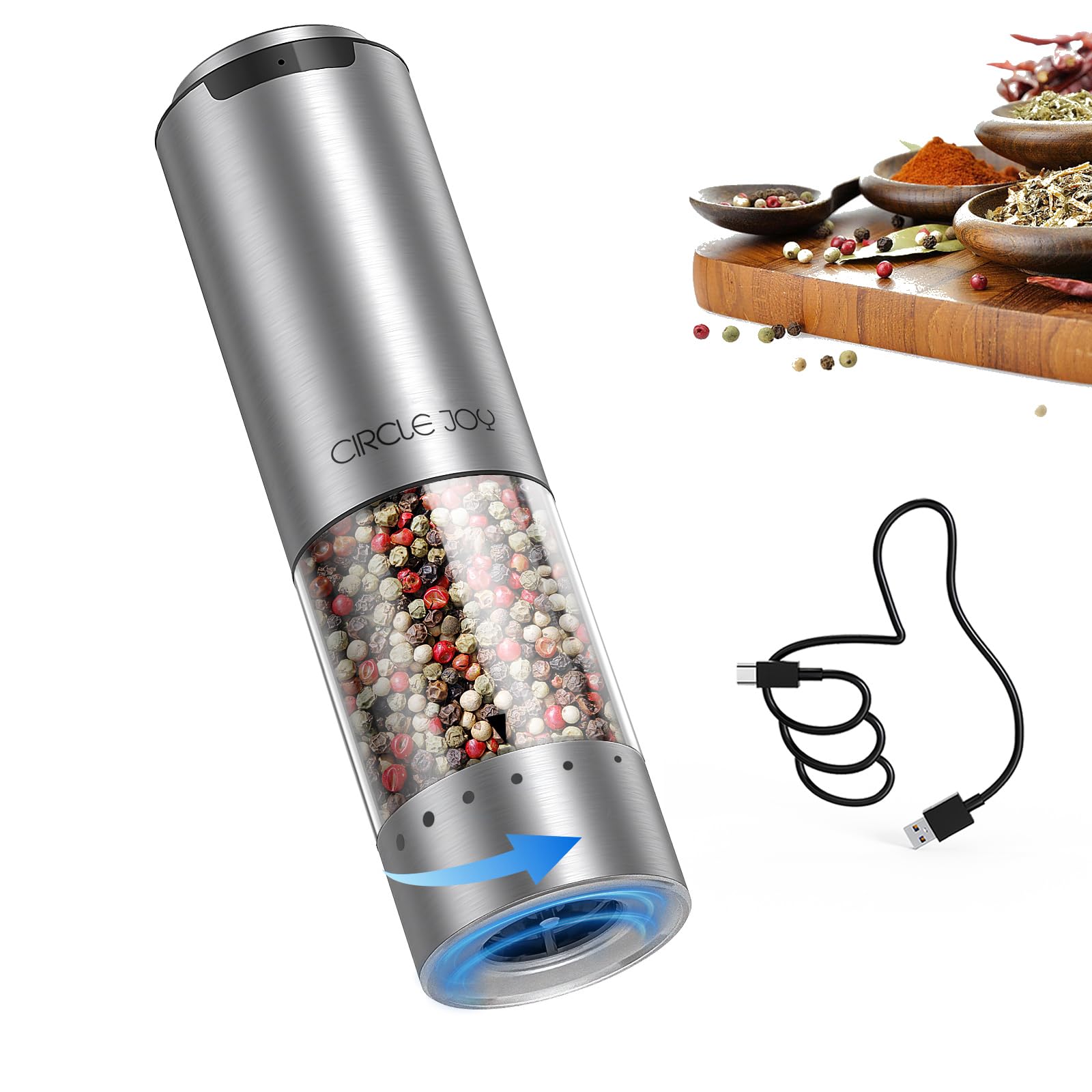 CIRCLE JOY Electric Pepper Grinder Stainless Steel Rechargeable Pepper Mill with