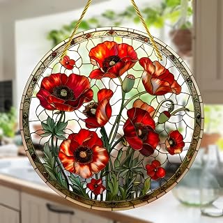 Colorful Acrylic Suncatcher 7" Red Poppy Window with Colorful Glass Style Printed Design Gift and Garden Ornament for Indoor and Outdoor Use