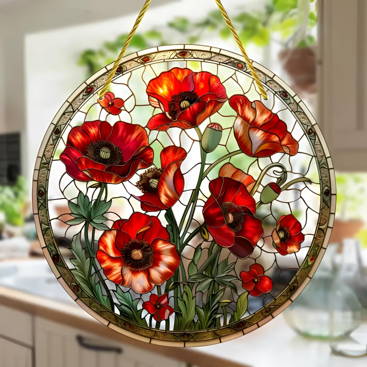 Colorful Acrylic Suncatcher 7" Red Poppy Window with Colorful Glass Style Printe