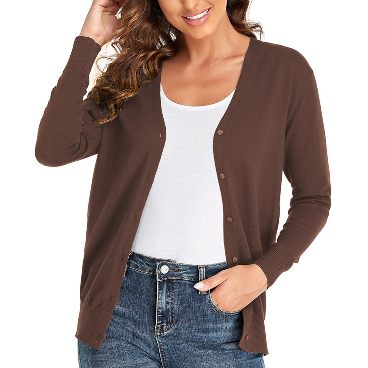 CUNYI Women's Cardigan V-Neck Knitted with Buttons Round Neck Classic Long Sleev