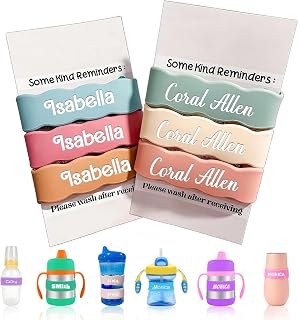 3 Piece Personalized Water Bottle Labels, Customized Silicone Baby Bottle & Sippy Cup Bands, Non-Slip Elastic Reusable, Personalized Gift for Boys, Girls, Summer Camps, Baby Shower Gifts (Wave)