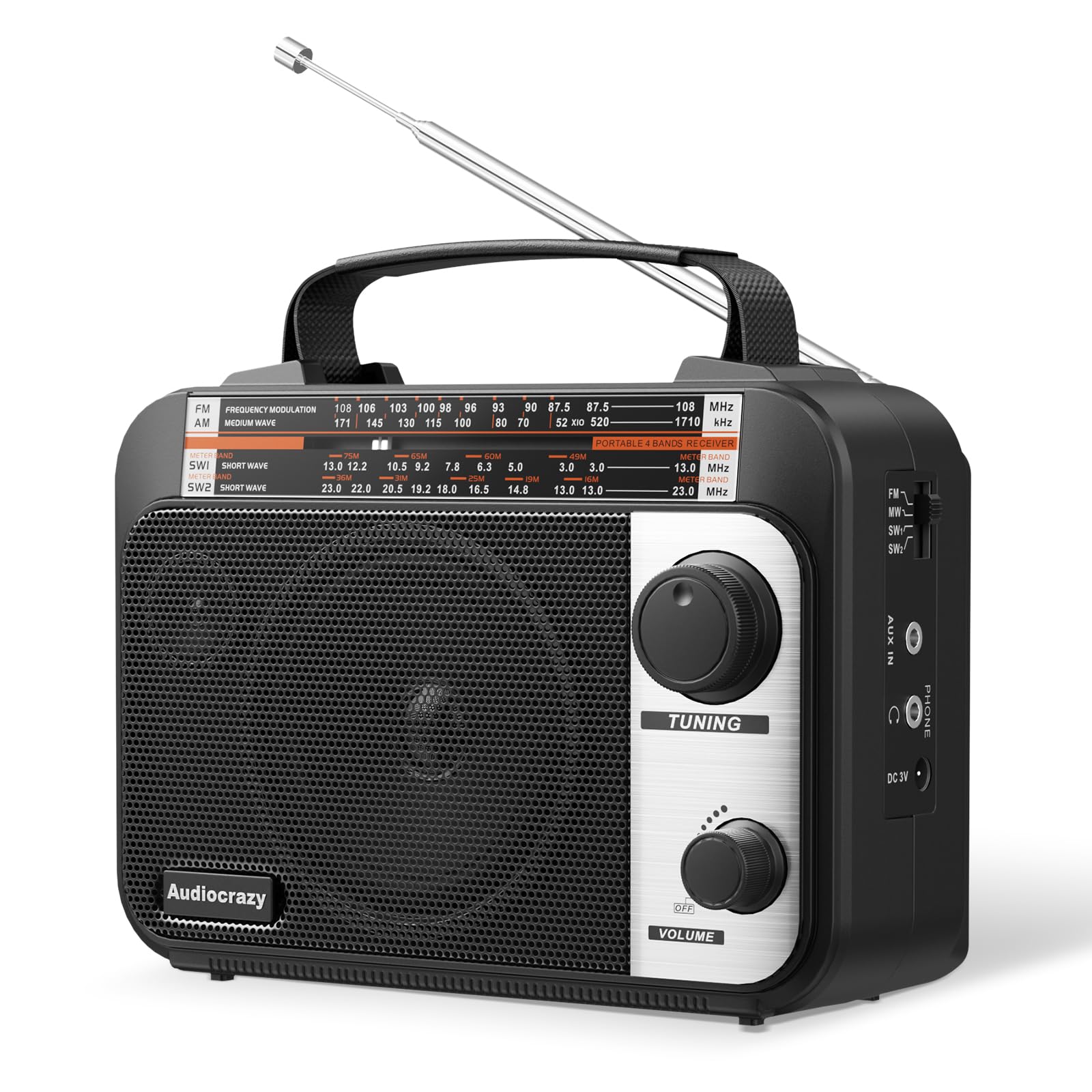 Multi-Band AM/FM/SW1-2 Radio Transistor Radio AC or Battery Operated with Best R