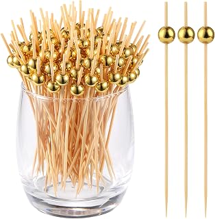 200 PCS Cocktail Picks, Fancy Toothpicks for Appetizers Bamboo Tooth Picks | Mini Gold Ball Food Sticks 4.7 Inch, Natural Wooden Decorative Skewers for Drinks Party Fruit Kebab Burger Charcuterie Board