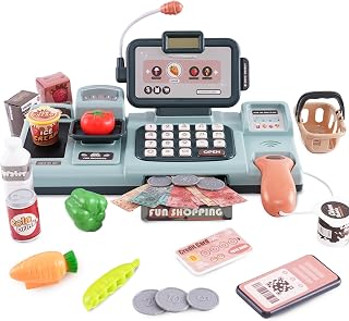 Cash Register Toy Pretend Play Toy Play Kitchen Set with Sound Scanner Food Shopping Basket Pretend Credit Card for Boys Girls 3 4 5 6 7 8 Years